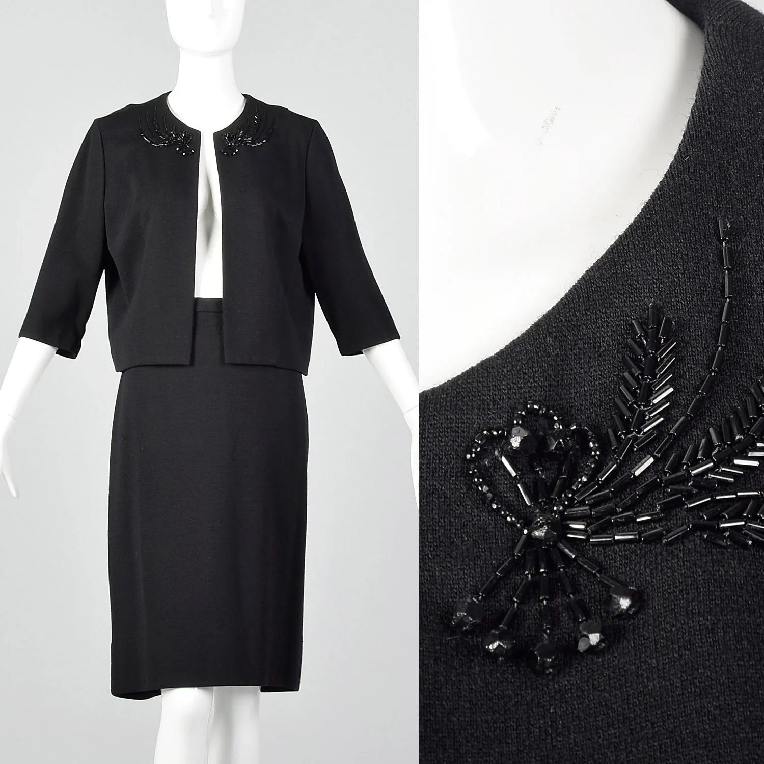 1960s Black Two Piece Knit Skirt Set