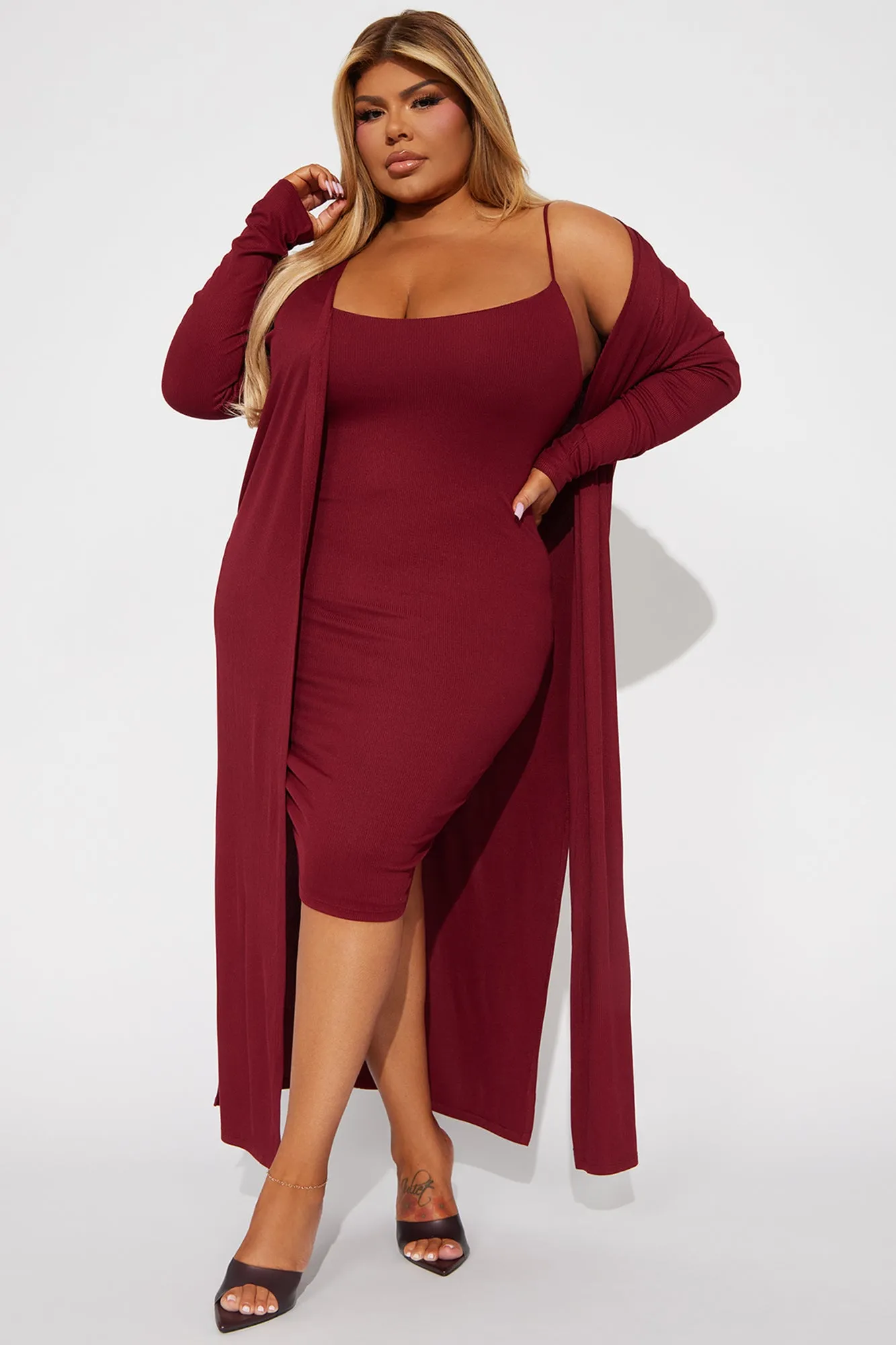 Always On Time Midi Dress Set - Wine