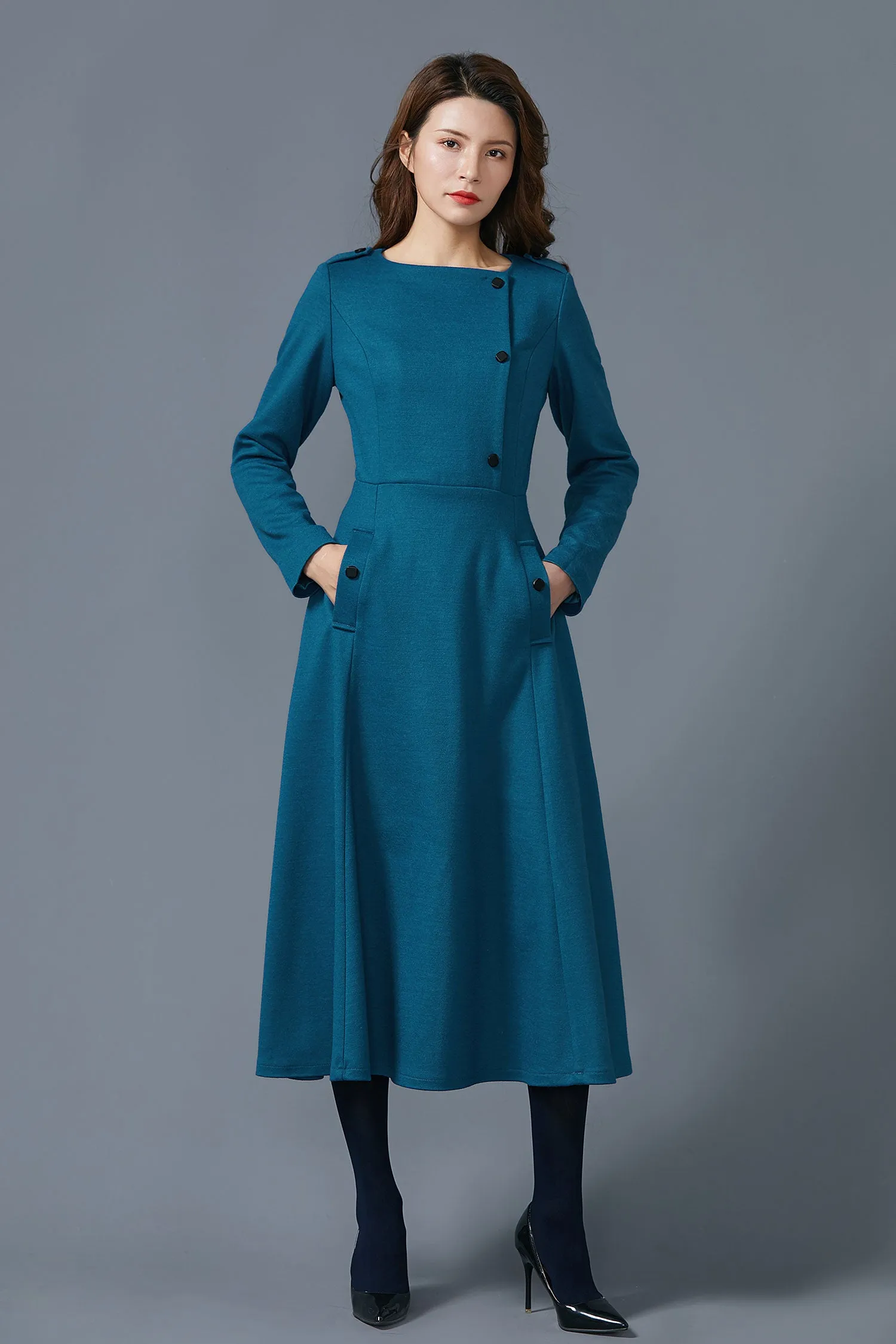 Blue wool dress with pockets warm handmade dress C1612