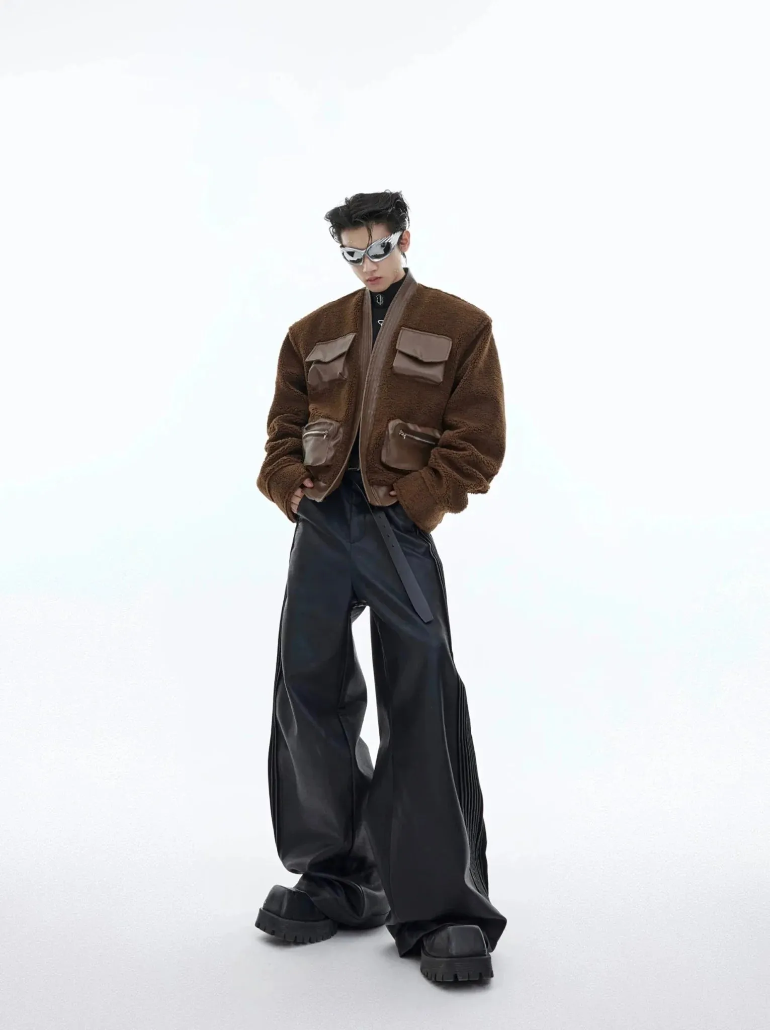 Deconstructed Retro Sherpa Jacket | Chinese Collar Woolen Cardigan with 3D Pockets