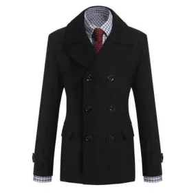 Elegant Fake Belt Patch Pocket Turn-down Collar Long Sleeves Slimming Men's Woole Blend Peacoat - Black Xl