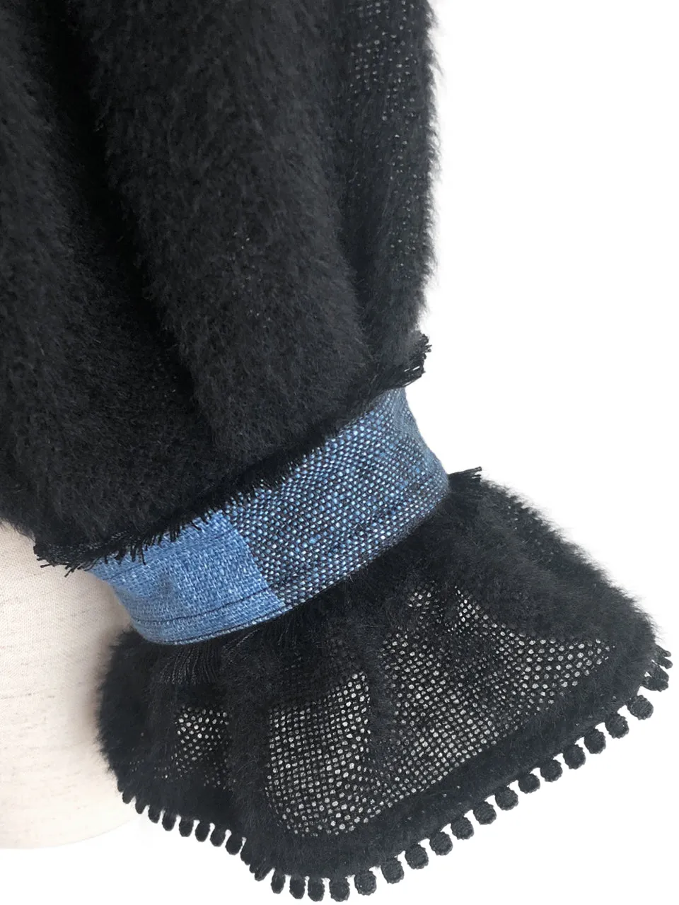 Last Chance! Black Tonal Woollen Furry Sleeves Short Trench Coat