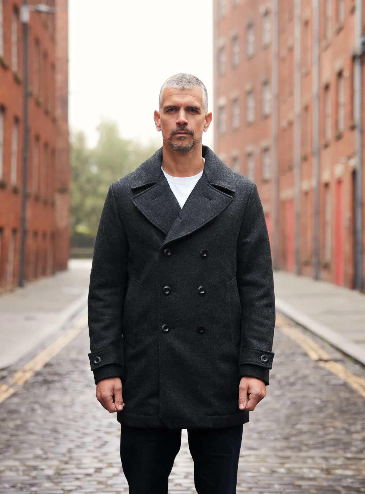 Pure Wool Quilted Peacoat Charcoal Grey