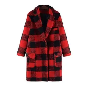 Stylish Turn-Down Collar Long Sleeves Checked Women's Woolen Coat - Red 5xl
