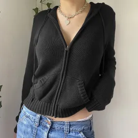 Toleet-Women Knitted Sweater Hoodies Vintage Solid Color Long Sleeve Zip-up Cardigan Hooded Sweatshirt Outwear Y2k Pullover Streetwear