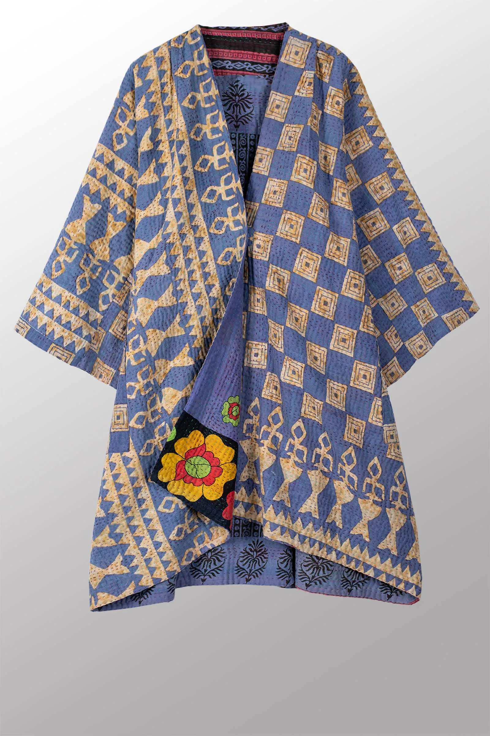 VINTAGE COTTON KANTHA KIMONO DUSTER - cv4317-0034a -